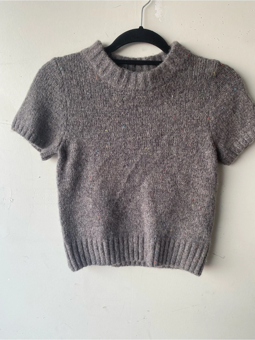 NWT• Zara Grey Flecked Wool Blend Short Sleeve Sweater Small Dark Academia